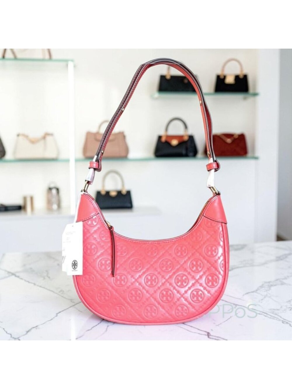 NEW!!!  AUTHENTIC TORY BURCH CORAL CRUSH MONOGRAM CRESENT HANDBAG